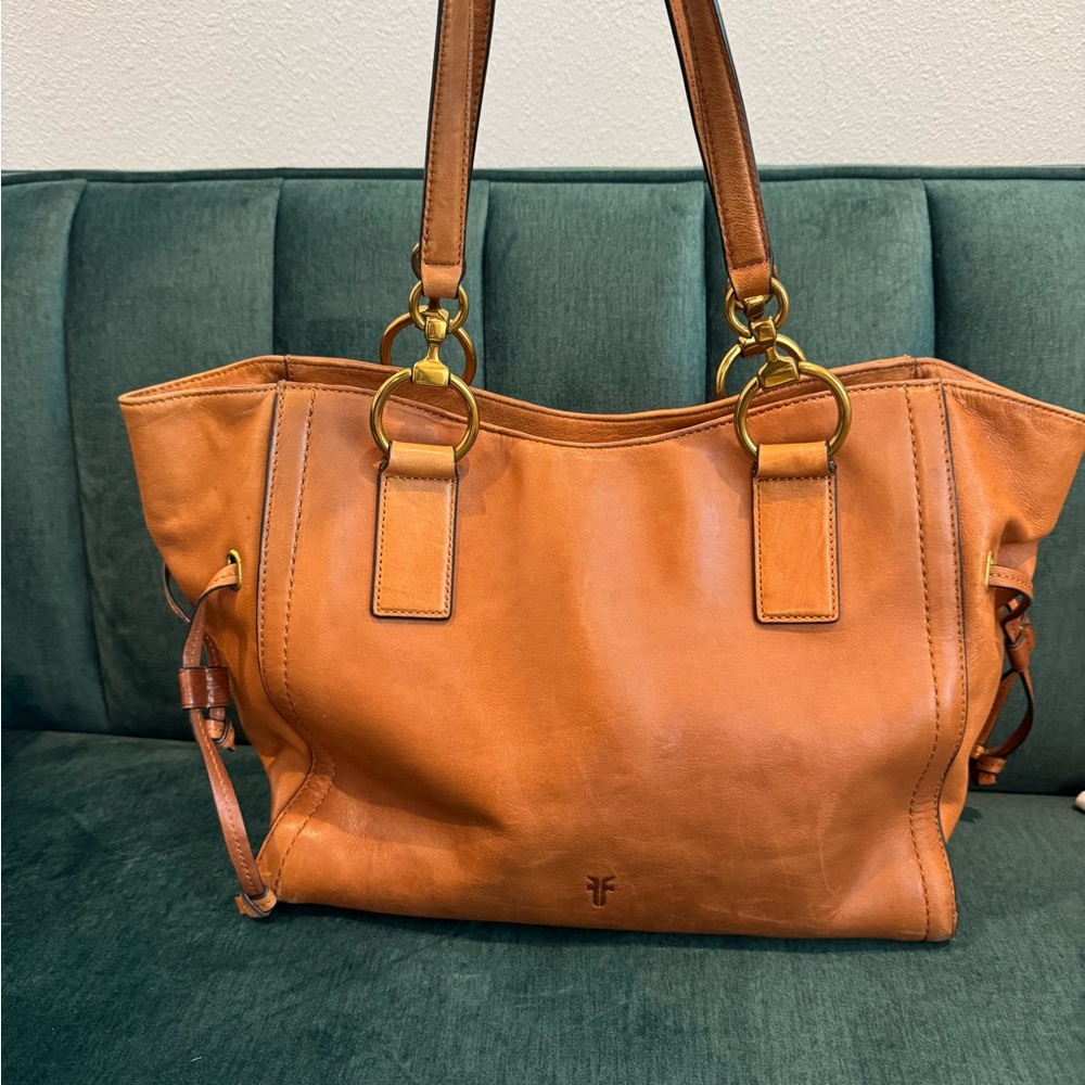Tan Leather Frye Tote Bag with Gold Accents